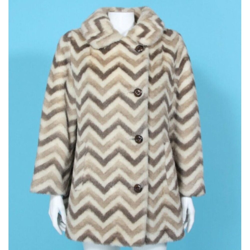 Vtg 70s GLENOIT Studio 54 Disco Glam Chevron Faux Fox Fur Coat Jacket sz S/M 812